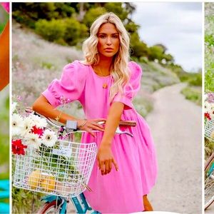 NWT Vici AMBER COTTON POCKETED PUFF SLEEVE DRESS - COOL PINK